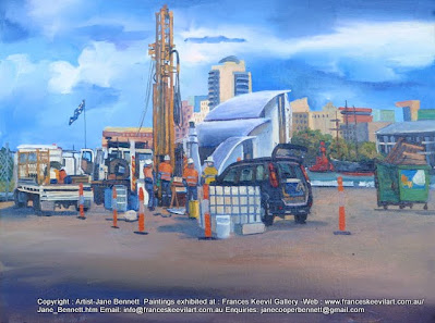 plein air oil painting of drill rig at Barangaroo by industrial heritage artist Jane Bennett